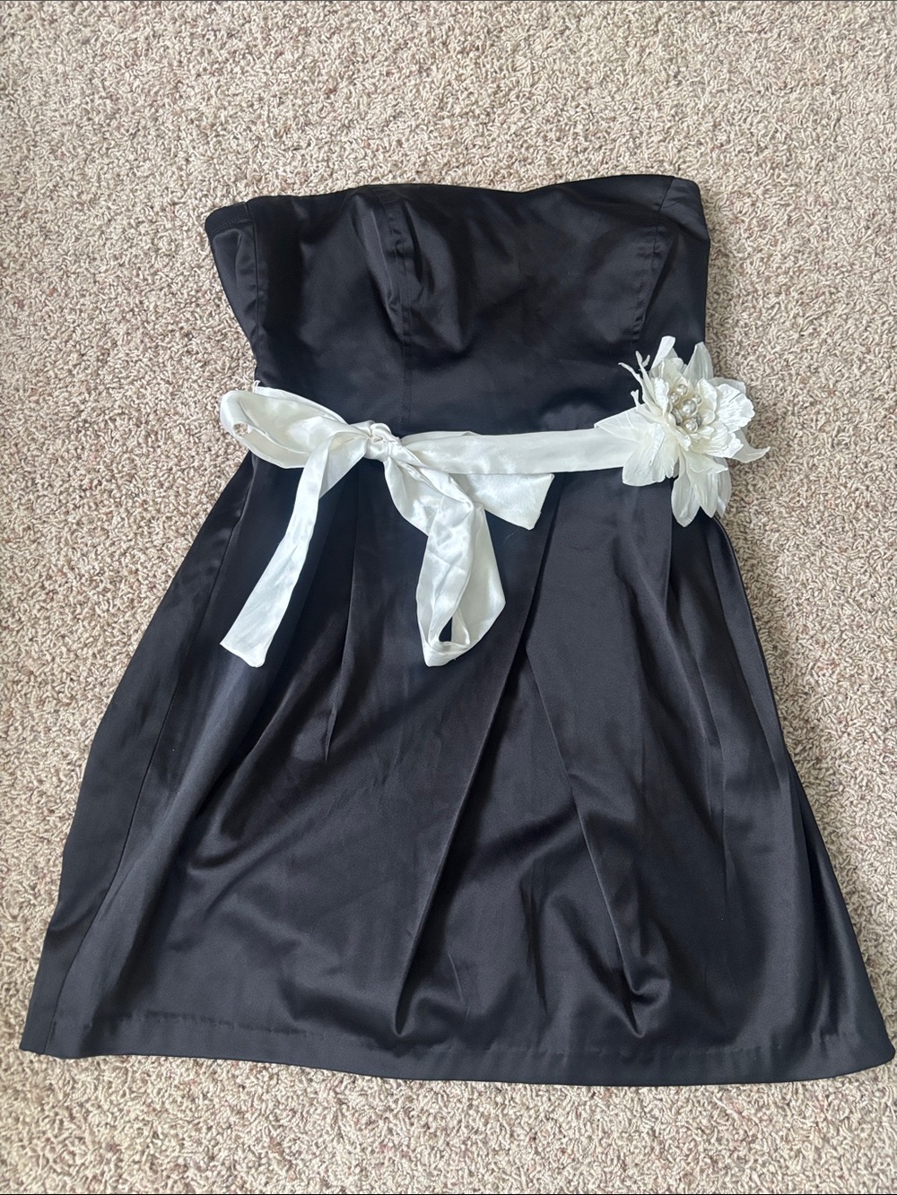 Worn Once Trixxi Strapless Black Dress with White Sash and Flower